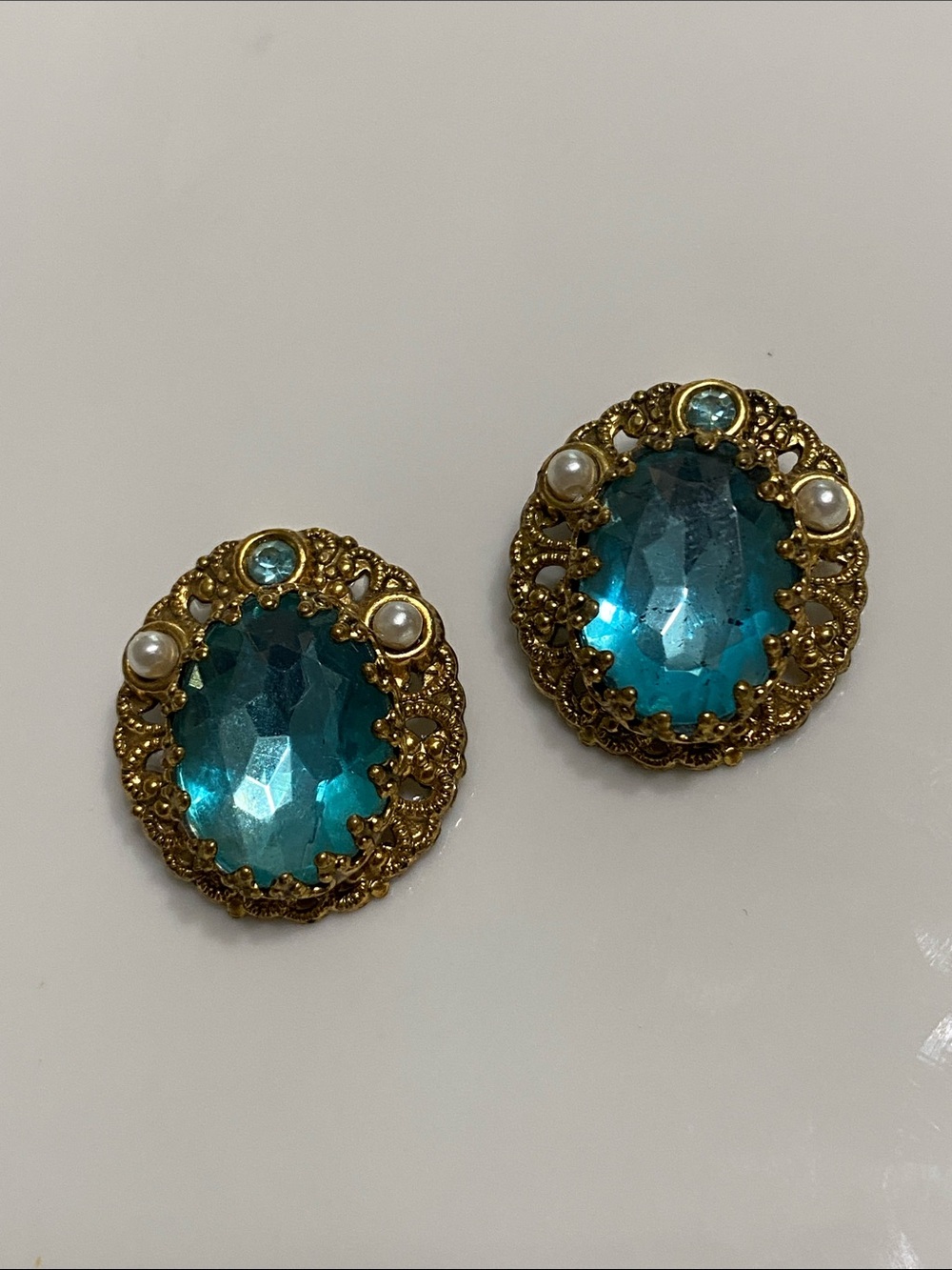West Germany Filigree Earrings with Teal Blue Crystal and Pearls